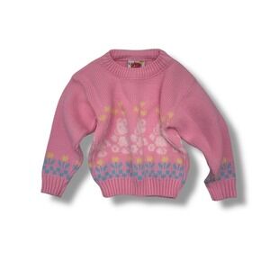 Little Funky Vintage Sweater Kids Size 6 Pink Knit Teddy Bear Floral Graphic 80s